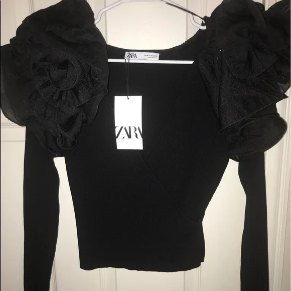 ZARA Limited Edition Black Dramatic Tulle Sleeve Floral Wrap Sweater Top - Picture 3 of 7